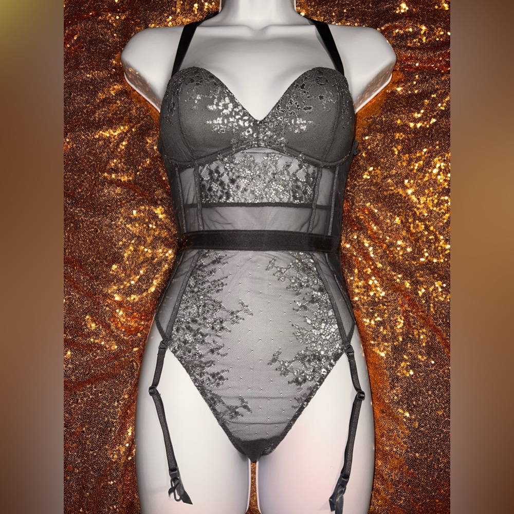 Victoria’s Secret Teddie size (M) gray with garter straps